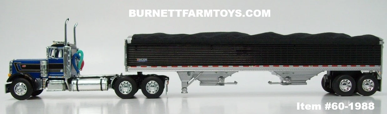Item #60-1988 Blue Metallic Black Gold Outline Peterbilt 379 Day Cab with Black Sided Black Tarp Silver Frame Tandem Axle Wilson 43-foot Pacesetter Hopper Bottom Grain Trailer - 1/64 Scale – DCP by First Gear - Image 3