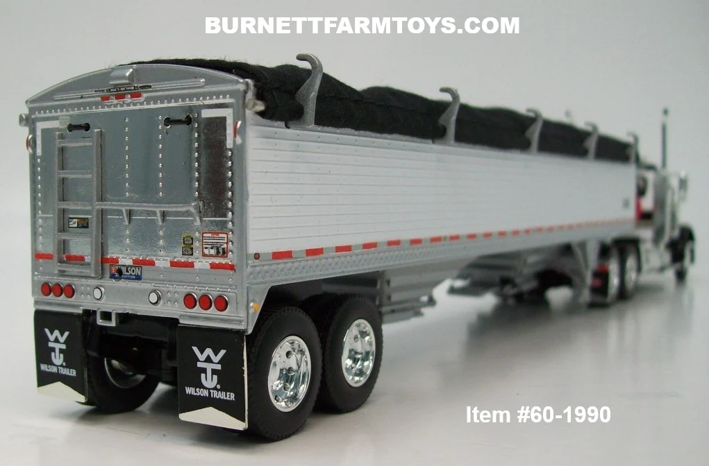 Item #60-1990 White Black Gold Outline Peterbilt 379 Day Cab with White Sided Black Tarp Silver Frame Tandem Axle Wilson 43-foot Pacesetter Hopper Bottom Grain Trailer - 1/64 Scale – DCP by First Gear - Image 2
