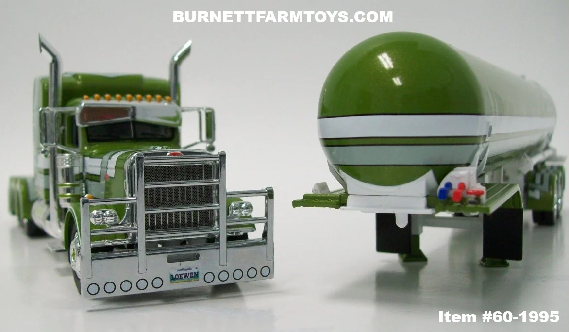 Item #60-1995 Loewen Farms Olive Green Metallic White Stripe Black Outline Tri-Axle Peterbilt 389 63-inch Mid Roof Sleeper with Tri-Axle Mississippi LP Tanker Trailer - 1/64 Scale – DCP by First Gear - Image 6