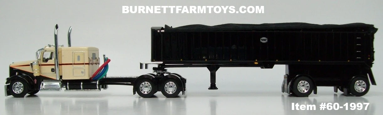 Item #60-1997 Cream Black Orange Outline Kenworth W900L 60-inch Flattop Sleeper with All Black Spread Axle MAC Frameless Coal End Dump Trailer - 1/64 Scale – DCP by First Gear - Image 3