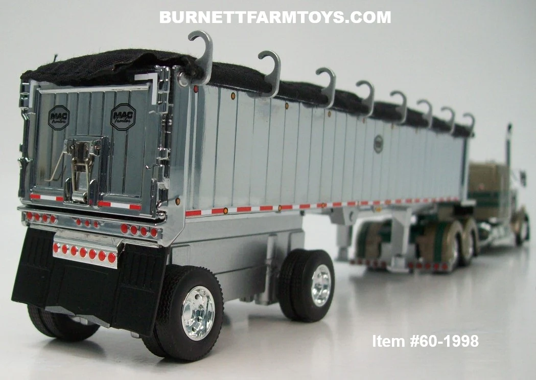 Item #60-1998 Gold Metallic Green Metallic Black Outline Kenworth W900L 60-inch Flattop Sleeper with Chrome Sided Black Tarp Silver Frame Spread Axle MAC Frameless Coal End Dump Trailer - 1/64 Scale – DCP by First Gear - Image 2