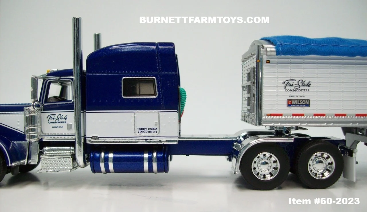 Item #60-2023 Shupe Bros Tri-State Commodities Blue White Peterbilt 389 70-inch Mid Roof Sleeper with White High Sided Blue Tarp Silver Frame Tri-Axle Wilson Pacesetter Hopper Bottom Grain Trailer - 1/64 Scale – DCP by First Gear - Image 6