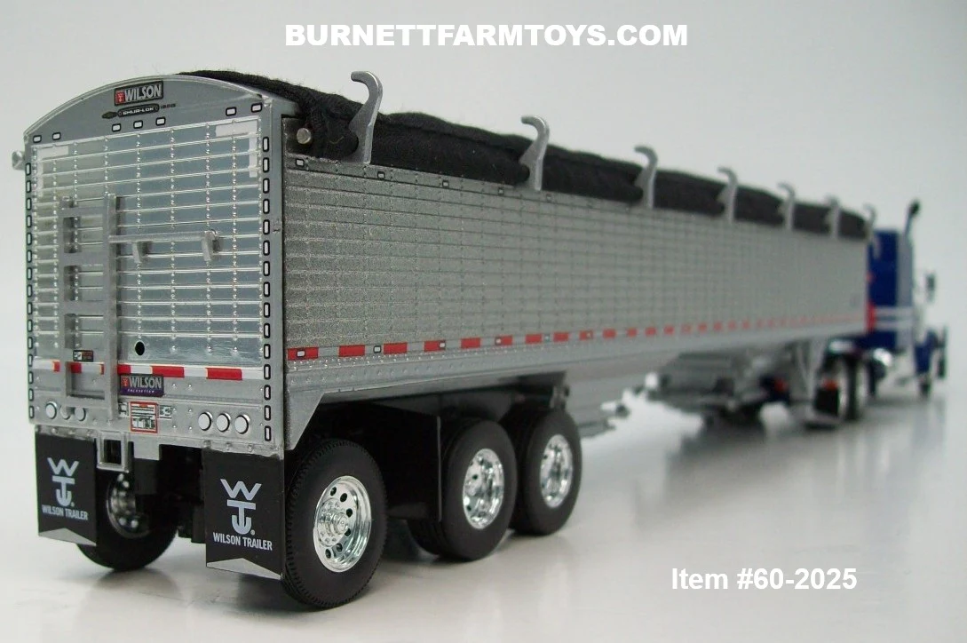Item #60-2025 Blue Metallic White Black Outline Peterbilt 379 63-inch Mid Roof Sleeper with Pewter High Sided Black Tarp Silver Frame Tri-Axle Wilson Pacesetter Hopper Bottom Grain Trailer - 1/64 Scale – DCP by First Gear - Image 2