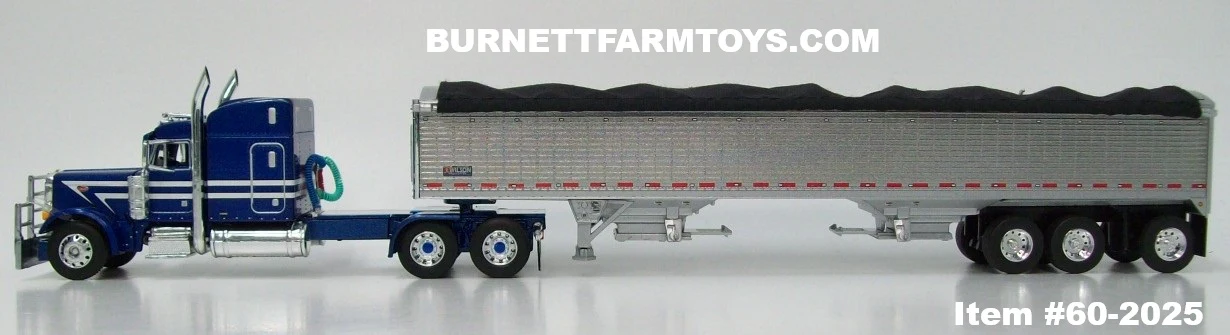 Item #60-2025 Blue Metallic White Black Outline Peterbilt 379 63-inch Mid Roof Sleeper with Pewter High Sided Black Tarp Silver Frame Tri-Axle Wilson Pacesetter Hopper Bottom Grain Trailer - 1/64 Scale – DCP by First Gear - Image 3