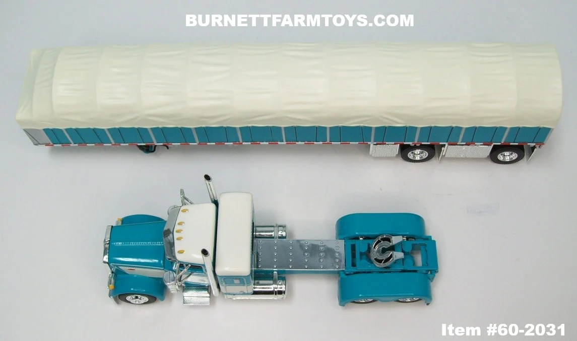 Item #60-2031 Turquoise White Peterbilt 379 36-inch Flattop Sleeper with Turquoise Sided Cream Tarp Turquoise Frame Spread Axle Wilson Roadbrute 53-foot Flatbed Covered Wagon Trailer - 1/64 Scale – DCP by First Gear - Image 4