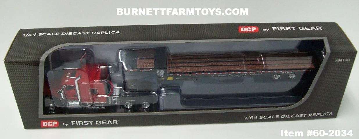 Item #60-2034 Red Black Fender Kenworth W900L 72-inch AeroCab Flattop Sleeper with Black Tandem Axle Landoll 440 Series Traveling Slide Axle Flatbed Trailer - 1/64 Scale – DCP by First Gear - Image 6