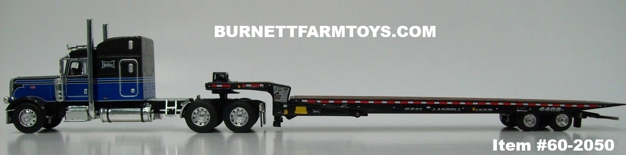 Item #60-2050 Landoll Black Metallic Blue White Outline Peterbilt 389 63-inch Mid Roof Sleeper with Black Tandem Axle Landoll 440B Slide Axle Flatbed Trailer - 1/64 Scale – DCP by First Gear - Internal Release / Employee Edition - Image 3