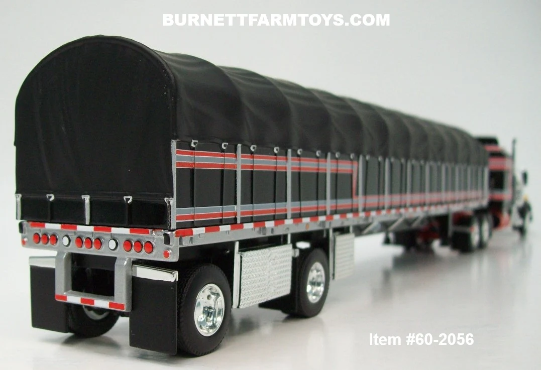Item #60-2056 Black Viper Red Silver Kenworth W900A Aerodyne Sleeper with Whale Tail and Black Viper Red Silver Sided Black Tarp Black Frame Spread Axle 53-foot Flatbed Covered Wagon Trailer - 1/64 Scale – DCP by First Gear - Image 2