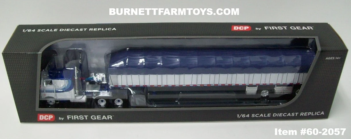 Item #60-2057 Blue White Black Outline Peterbilt 352 COE 110-inch Sleeper with White Sided Blue Tarp Blue Frame Spread Axle Wilson Roadbrute 53-foot Flatbed Covered Wagon Trailer - 1/64 Scale – DCP by First Gear - Image 5