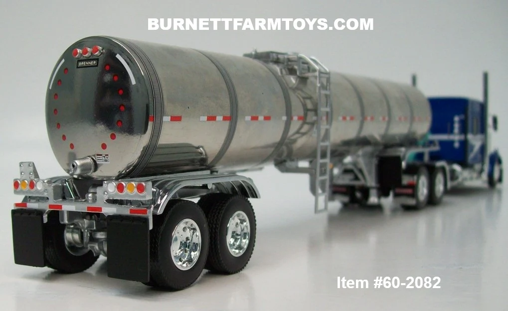 Item #60-2082 Blue White Silver Outline Kenworth W900L 72-inch AeroCab Sleeper with Polished Silver Tandem Axle Brenner Banded Tanker Trailer - 1/64 Scale – DCP by First Gear - Image 2