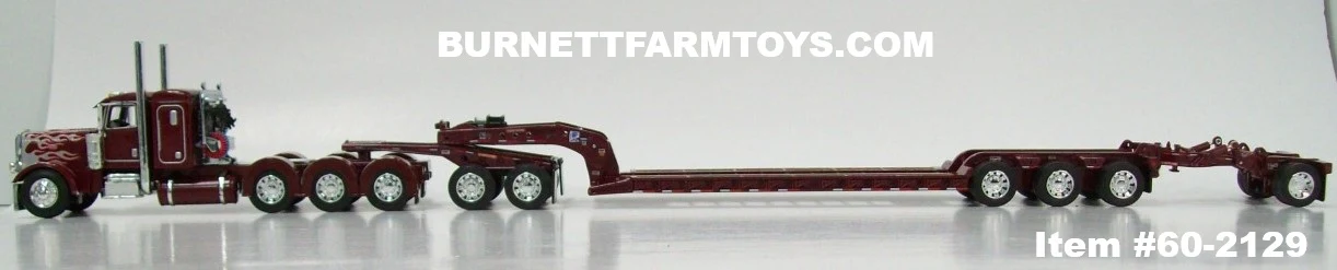 Item #60-2129 Burgundy Silver Flame Red Outline Tri-Axle Peterbilt 389 36-inch Flattop Sleeper with Burgundy Tri-Axle Heavy Haul Fontaine Magnitude Lowboy Trailer with Jeep and Stinger - 1/64 Scale – DCP by First Gear - Image 3