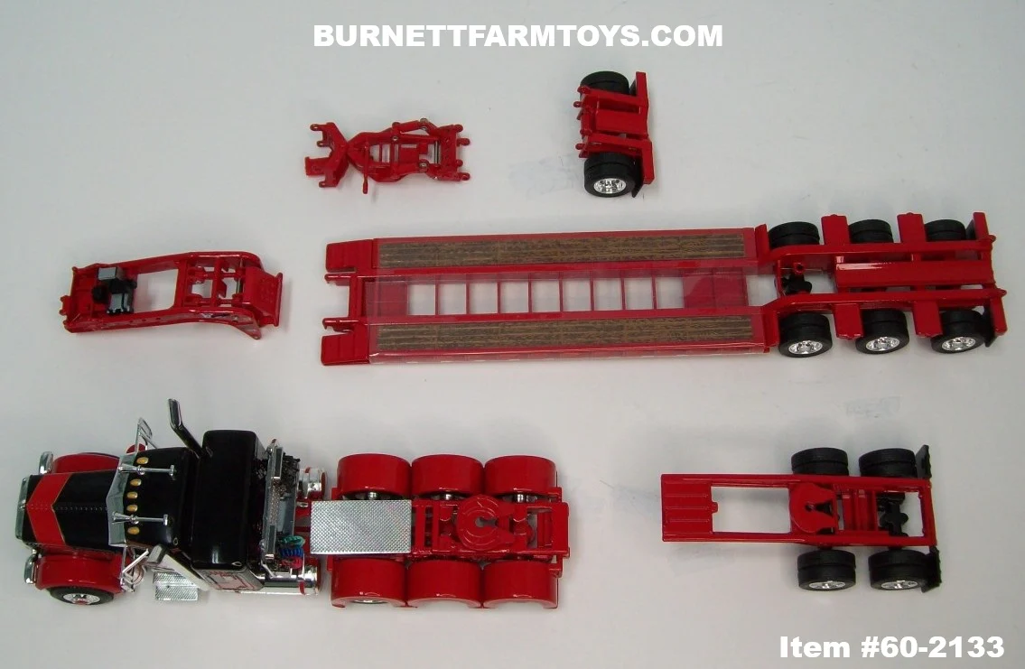Item #60-2133 Black Red Burgundy Gold Outline Tri-Axle Peterbilt 389 36-inch Flattop Sleeper with Red Tri-Axle Heavy Haul Fontaine Magnitude Lowboy Trailer with Jeep and Stinger - 1/64 Scale – DCP by First Gear - Image 4
