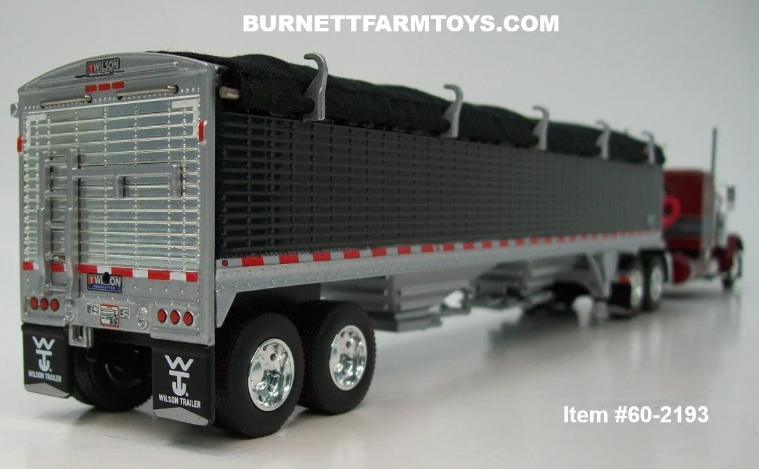 Item #60-2193 Burgundy Black Stripe Gray Stripe Silver Outline Peterbilt 379 48-inch Flattop Sleeper with Black High Sided Black Tarp Silver Frame Tandem Axle Wilson 43-foot Pacesetter Hopper Bottom Grain Trailer - 1/64 Scale – DCP by First Gear - Image 2