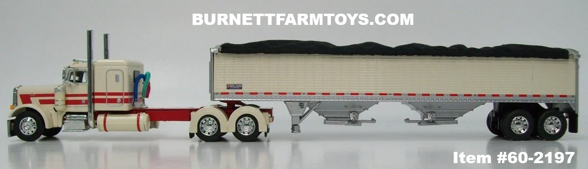 Item #60-2197 Cream Red Peterbilt 379 48-inch Flattop Sleeper with Cream High Sided Black Tarp Silver Frame Tandem Axle Wilson 43-foot Pacesetter Hopper Bottom Grain Trailer - 1/64 Scale – DCP by First Gear - Image 3
