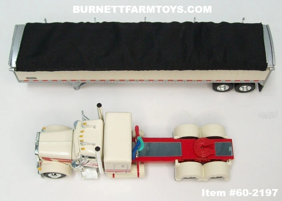 Item #60-2197 Cream Red Peterbilt 379 48-inch Flattop Sleeper with Cream High Sided Black Tarp Silver Frame Tandem Axle Wilson 43-foot Pacesetter Hopper Bottom Grain Trailer - 1/64 Scale – DCP by First Gear - Image 4