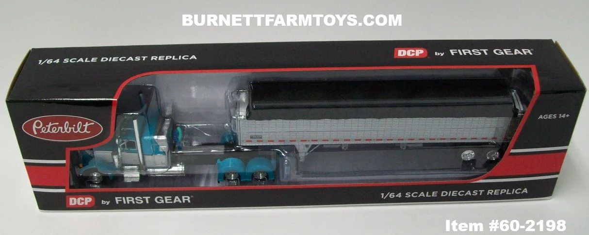 Item #60-2198 Turquoise Silver Black Outline Peterbilt 379 48-inch Flattop Sleeper with Silver High Sided Black Tarp Silver Frame Tandem Axle Wilson 43-foot Pacesetter Hopper Bottom Grain Trailer - 1/64 Scale – DCP by First Gear - Image 5