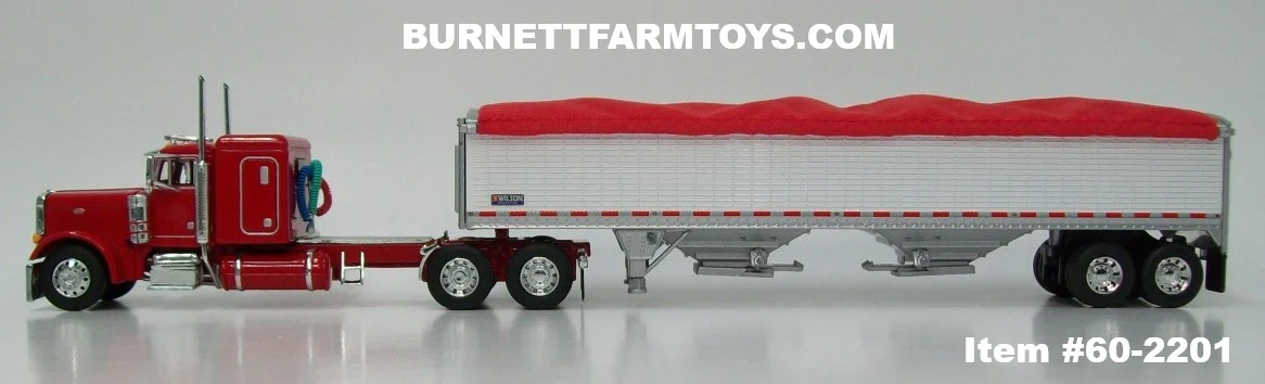 Item #60-2201 Red Peterbilt 379 48-inch Flattop Sleeper with White High Sided Red Tarp Silver Frame Tandem Axle Wilson 43-foot Pacesetter Hopper Bottom Grain Trailer - 1/64 Scale – DCP by First Gear - Image 3