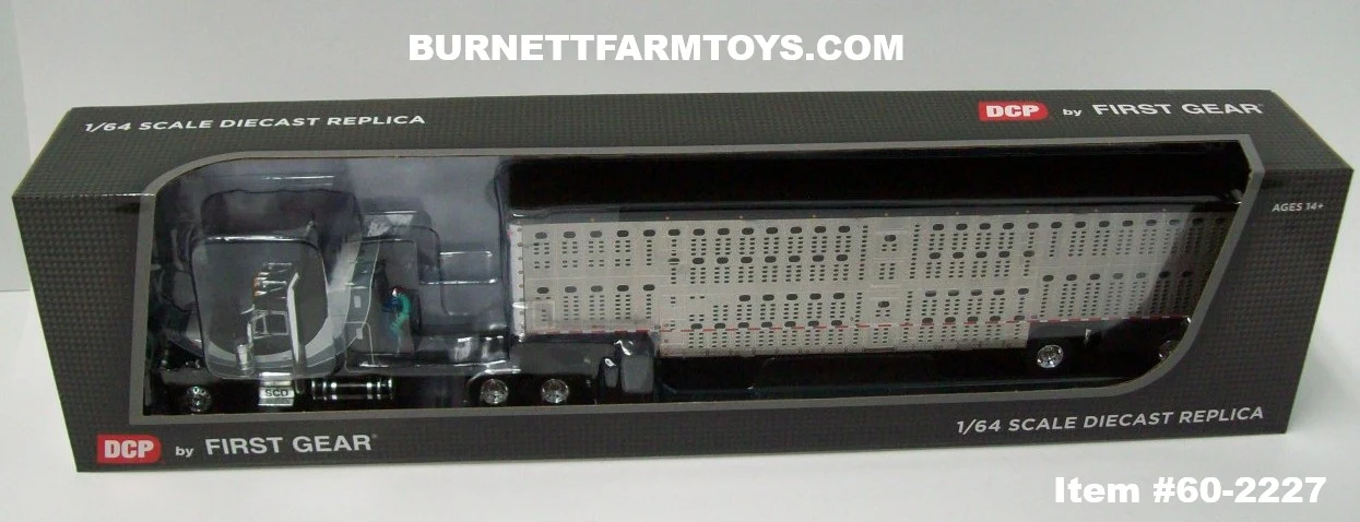 Item #68-2227 Black Light Gray Dark Gray Swoop Stripe Peterbilt 379 63-inch Mid Roof Sleeper with Silver Black Trim Spread Axle Wilson Silver Star Livestock Trailer - 1/64 Scale – DCP by First Gear - Image 3