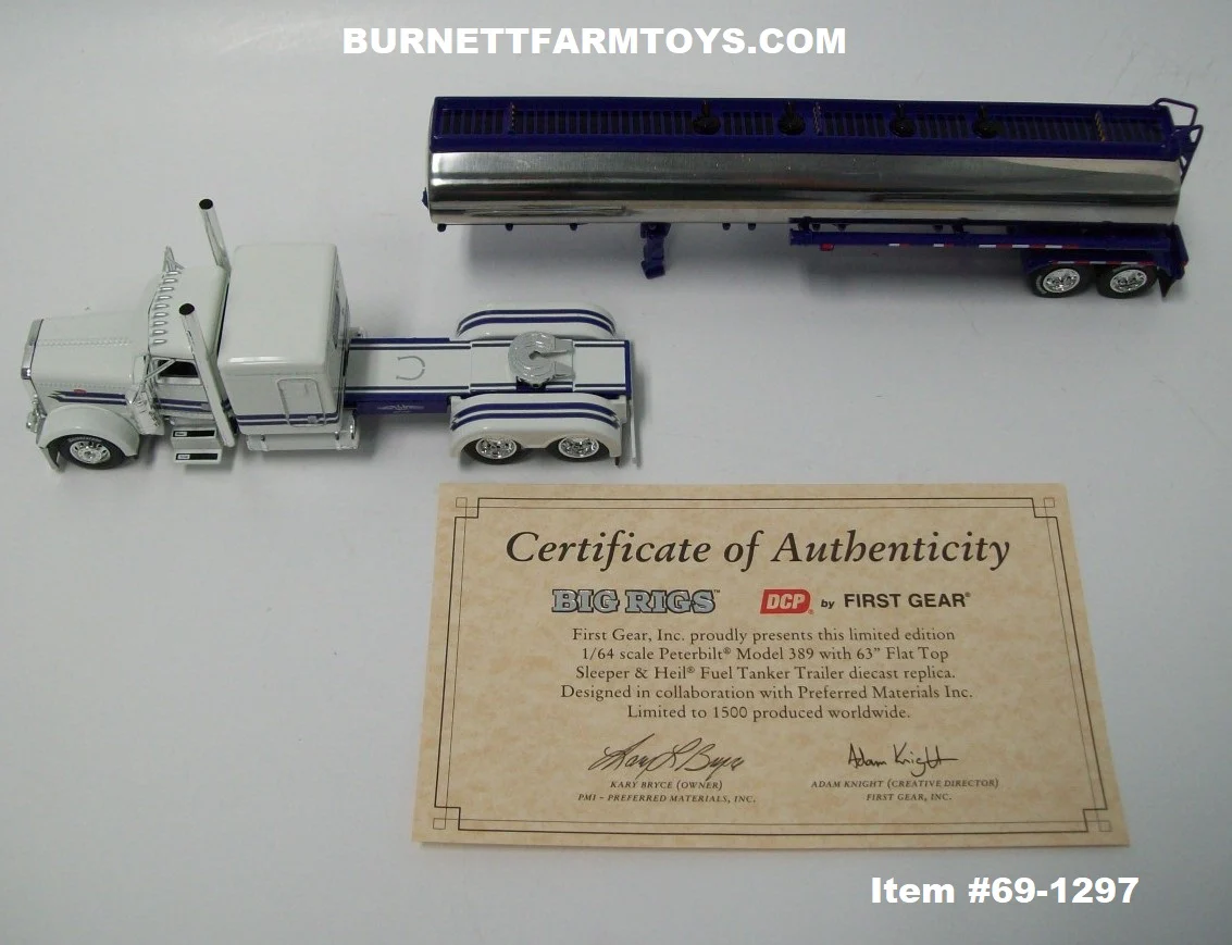 Item #69-1297 PMI (Preferred Material Inc) (Snow White) White Purple Peterbilt 389 63-inch Sleeper with Polished Purple Tandem Axle Heil Fuel Tanker Trailer- 1/64 Scale- DCP by First Gear - Big Rigs #8 - Image 4