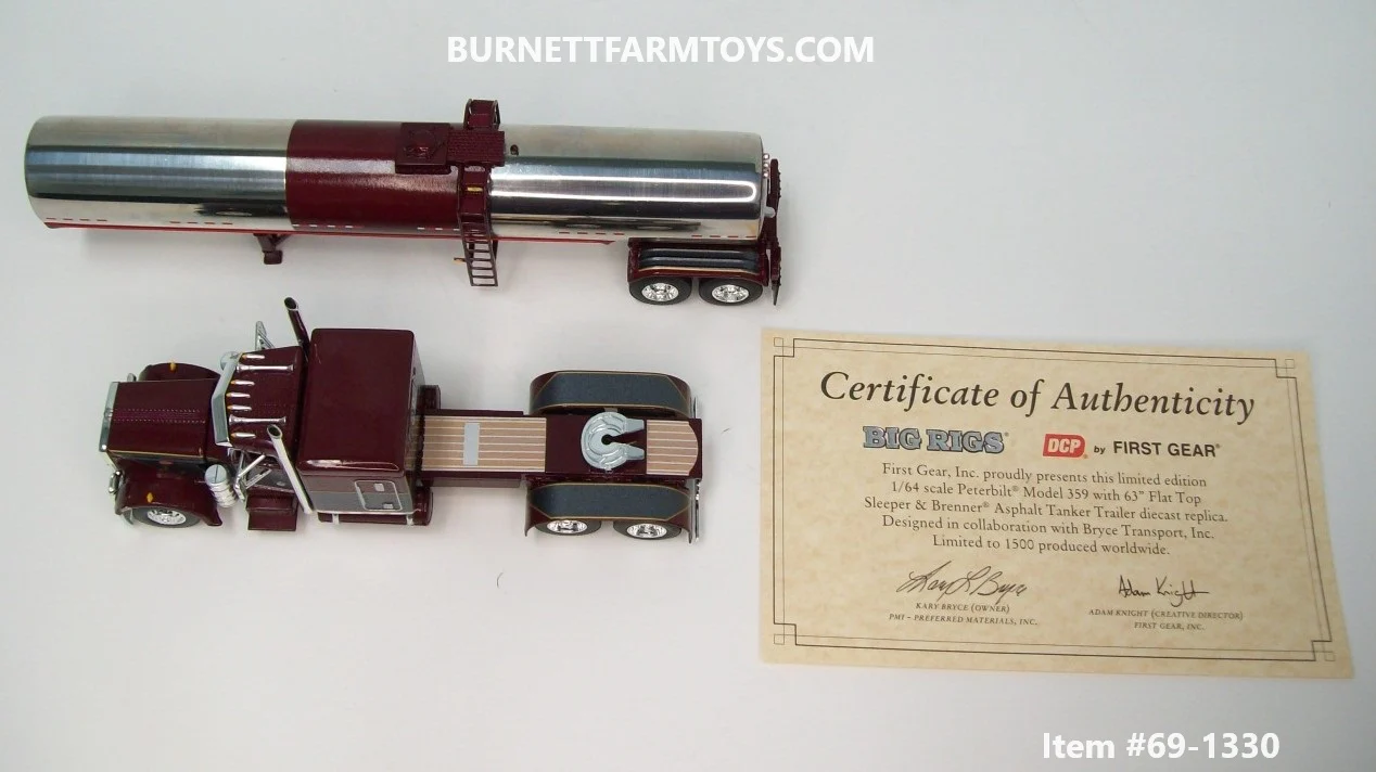 Item #69-1330 Bryce Transport Inc Burgundy Gun Metal Gray Gold Outline Peterbilt 359 63-inch Flattop Sleeper with Polished Burgundy Trim Tandem Axle Brenner Asphalt Tanker Trailer - 1/64 Scale - DCP by First Gear - Big Rigs #10 - Image 4