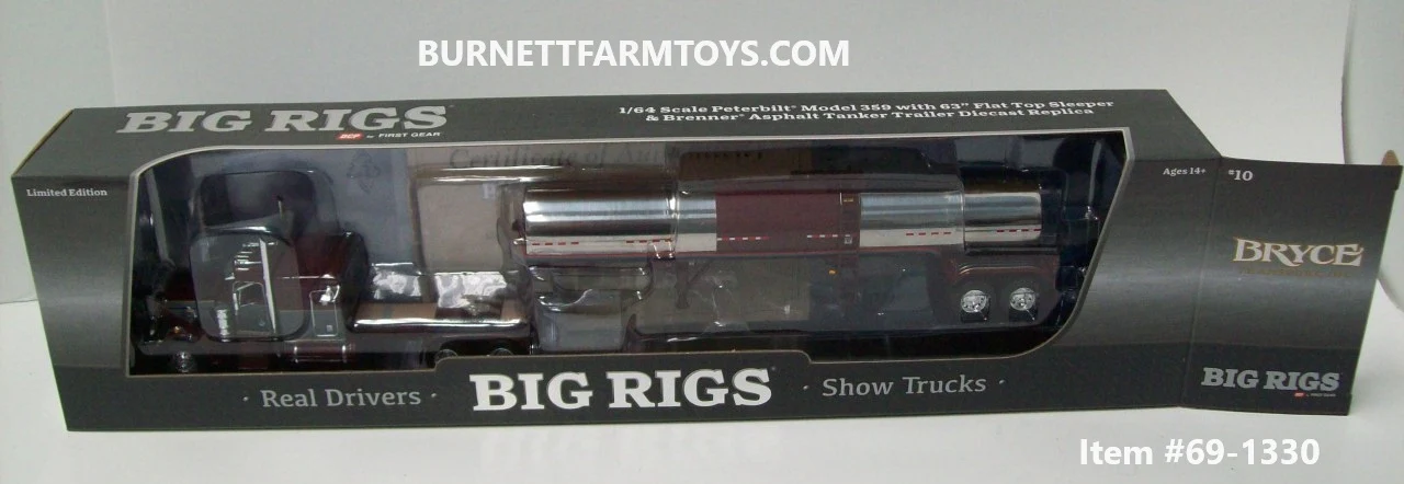 Item #69-1330 Bryce Transport Inc Burgundy Gun Metal Gray Gold Outline Peterbilt 359 63-inch Flattop Sleeper with Polished Burgundy Trim Tandem Axle Brenner Asphalt Tanker Trailer - 1/64 Scale - DCP by First Gear - Big Rigs #10 - Image 7
