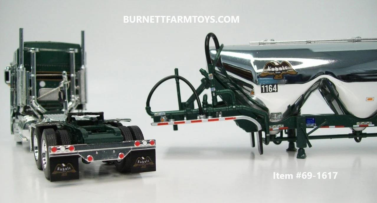 Item #69-1617 Kuhnle Bros Green Black Stripe Gold Outline Kenworth K100 COE Aerodyne Sleeper with Chrome Green Frame Tandem Axle Heil 3-bay Pneumatic Tanker Trailer - Big Rigs #11 - 1/64 Scale - DCP by First Gear - Image 5