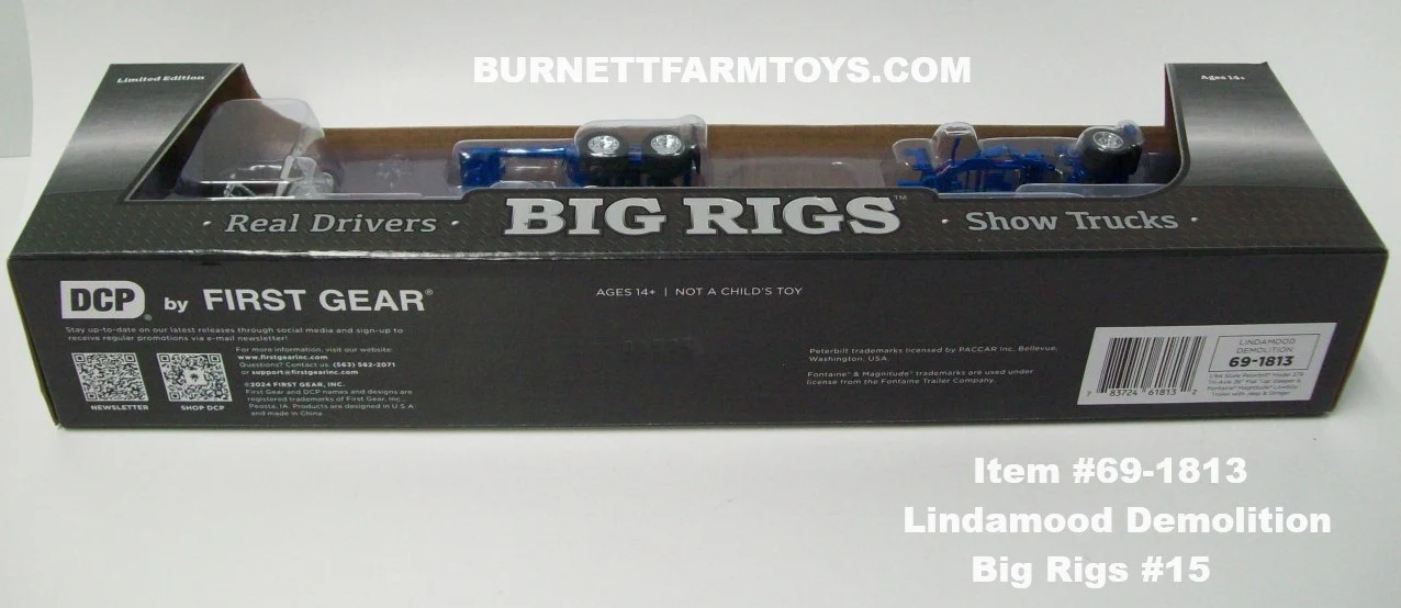 Item #69-1813 Lindamood Demolition Silver Blue Tri-Axle Peterbilt 379 36-inch Flattop Sleeper with Blue Tri-Axle Heavy Haul Fontaine Magnitude Lowboy with Jeep and Stinger - Big Rigs #15 - 1/64 Scale – DCP by First Gear - Image 8