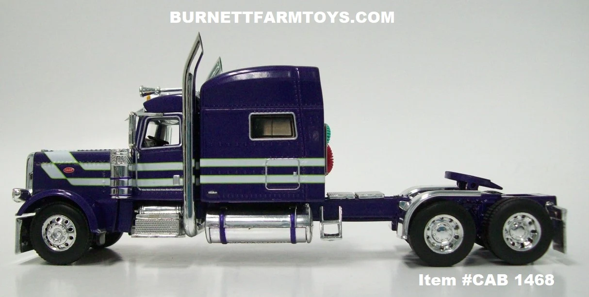 Item #CAB 1468 Purple White Stripe Lime Green Outline Peterbilt 389 70-inch Mid Roof Sleeper - 1/64 Scale - DCP by First Gear - Image 3