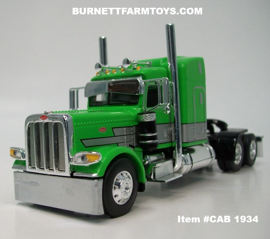 Item #CAB 1934 Green Silver Black Outline Peterbilt 389 48-inch Mid Roof Sleeper - 1/64 Scale – DCP by First Gear