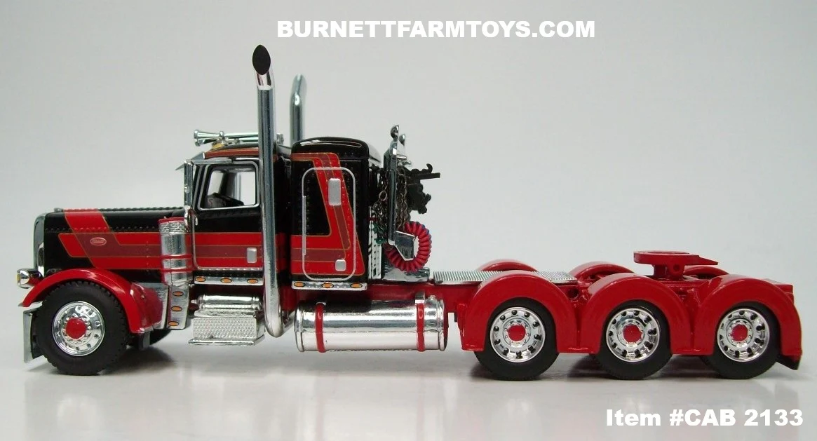 Item #CAB 2133 Black Red Burgundy Gold Outline Tri-Axle Peterbilt 389 36-inch Flattop Sleeper - 1/64 Scale – DCP by First Gear - Image 3