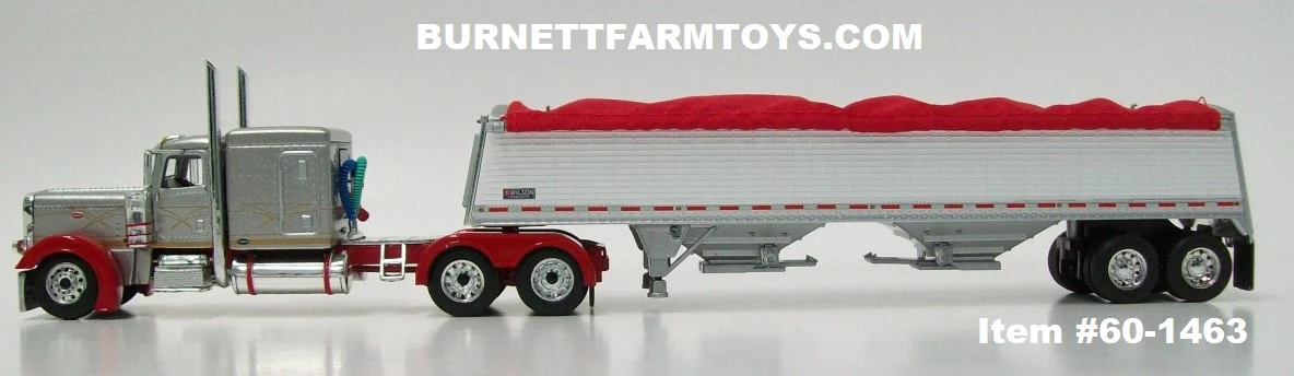 Item #60-1463 Pewter Metallic Red Gold Peterbilt 389 63-inch Flattop Sleeper with White Sided Red Tarp Silver Frame Tandem Axle Commander Hopper Bottom Grain Trailer with Chrome End Caps - 1/64 Scale - DCP - Image 3